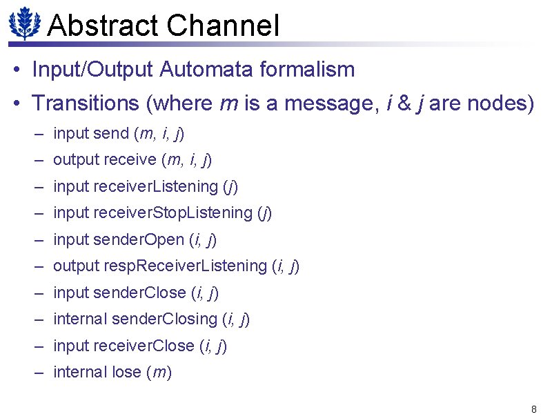 Abstract Channel • Input/Output Automata formalism • Transitions (where m is a message, i