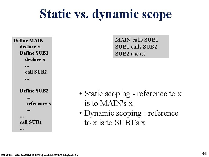 Static vs. dynamic scope Define MAIN declare x Define SUB 1 declare x. . Static vs. dynamic scope Define MAIN declare x Define SUB 1 declare x. .