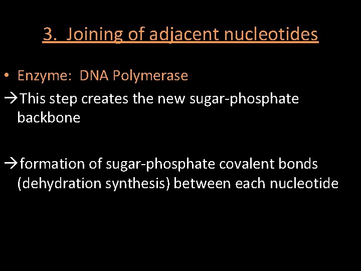 3. Joining of adjacent nucleotides • Enzyme: DNA Polymerase This step creates the new 3. Joining of adjacent nucleotides • Enzyme: DNA Polymerase This step creates the new