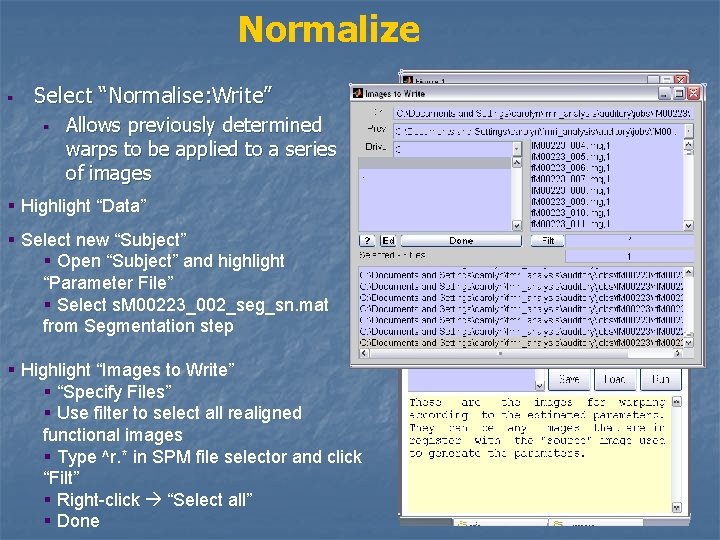 Normalize § Select “Normalise: Write” § Allows previously determined warps to be applied to