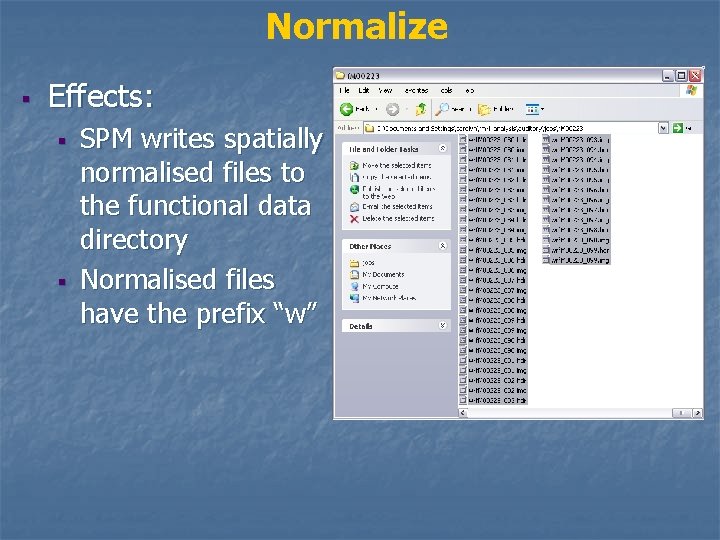 Normalize § Effects: § § SPM writes spatially normalised files to the functional data