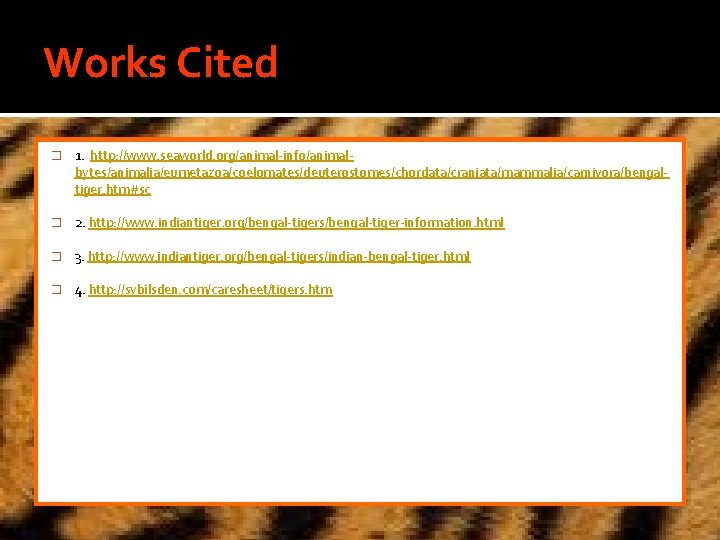 Works Cited � 1. http: //www. seaworld. org/animal-info/animalbytes/animalia/eumetazoa/coelomates/deuterostomes/chordata/craniata/mammalia/carnivora/bengaltiger. htm#sc � 2. http: //www. indiantiger.