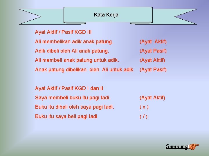 Kata Kerja Ayat Aktif / Pasif KGD III Ali membelikan adik anak patung. (Ayat