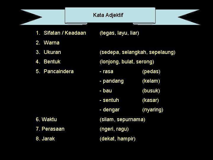 Kata Adjektif 1. Sifatan / Keadaan (tegas, layu, liar) 2. Warna 3. Ukuran (sedepa,