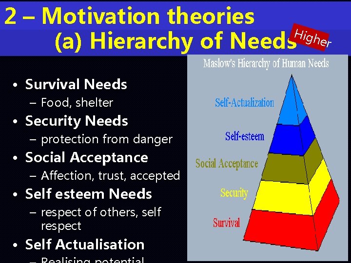 2 – Motivation theories High (a) Hierarchy of Needs er • Survival Needs –