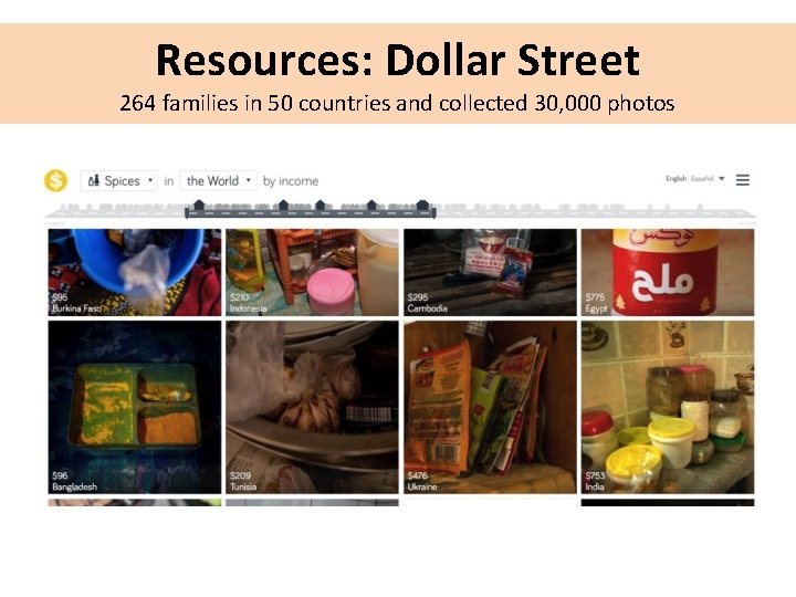 Resources: Dollar Street 264 families in 50 countries and collected 30, 000 photos 