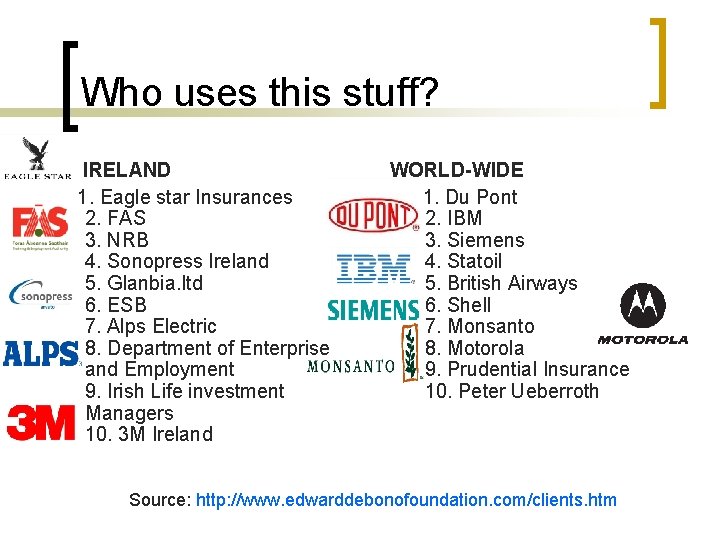 Who uses this stuff? IRELAND 1. Eagle star Insurances 2. FAS 3. NRB 4.