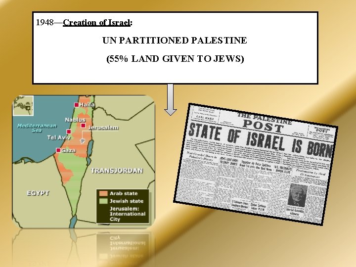 1948—Creation of Israel: UN PARTITIONED PALESTINE (55% LAND GIVEN TO JEWS) 