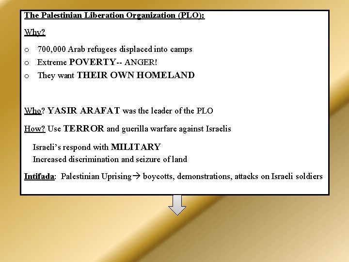 The Palestinian Liberation Organization (PLO): Why? o 700, 000 Arab refugees displaced into camps