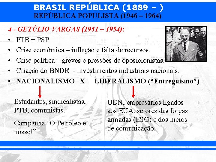 BRASIL REPÚBLICA (1889 – ) REPÚBLICA POPULISTA (1946 – 1964) 4 - GETÚLIO VARGAS