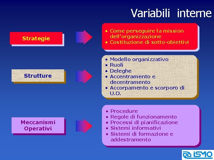 Variabili interne Strategie Strutture Meccanismi Operativi • Come perseguire la mission dell’organizzazione • Costituzione