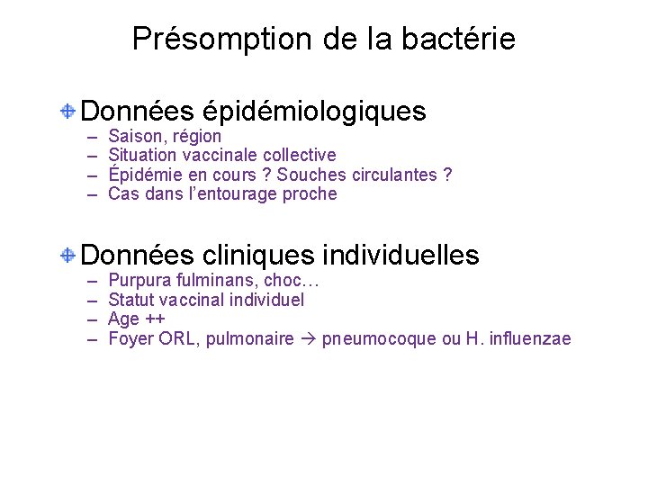 Présomption de la bactérie Données épidémiologiques – – Saison, région Situation vaccinale collective Épidémie