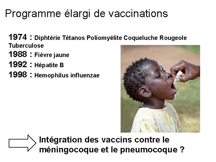 Programme élargi de vaccinations 1974 : Diphtérie Tétanos Poliomyélite Coqueluche Rougeole Tuberculose 1988 :