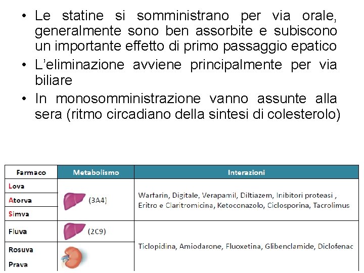  • Le statine si somministrano per via orale, generalmente sono ben assorbite e