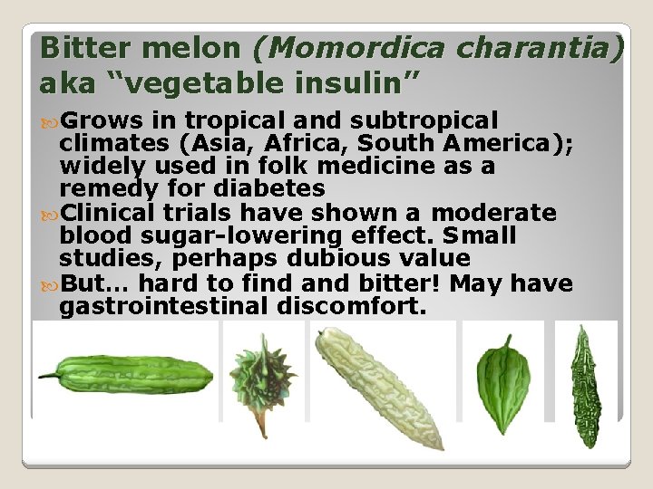 Bitter melon (Momordica charantia) aka “vegetable insulin” Grows in tropical and subtropical climates (Asia,
