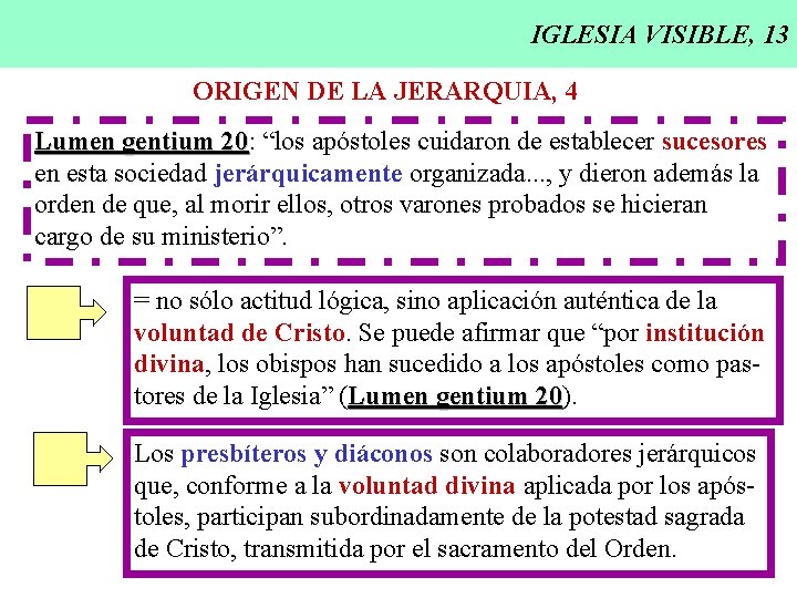 IGLESIA VISIBLE, 13 ORIGEN DE LA JERARQUIA, 4 Lumen gentium 20: 20 “los apóstoles