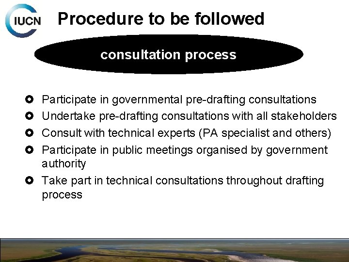 Procedure to be followed consultation process Participate in governmental pre-drafting consultations Undertake pre-drafting consultations