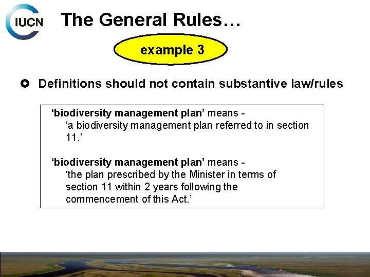 The General Rules… example 3 Definitions should not contain substantive law/rules ‘biodiversity management plan’