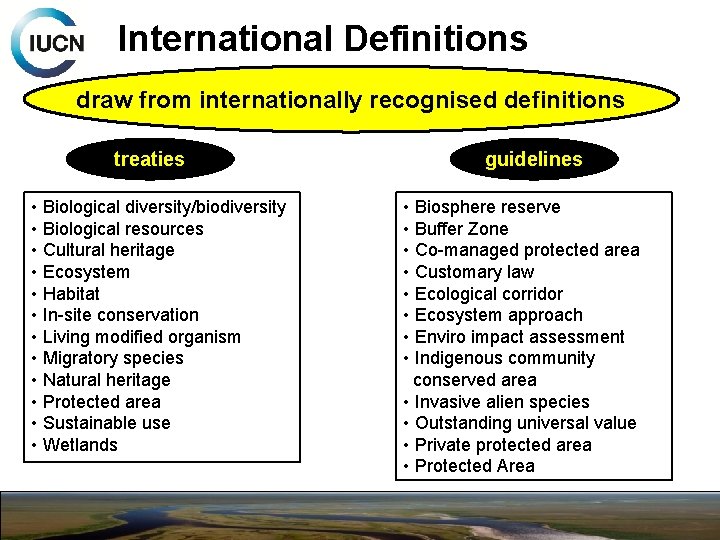 International Definitions draw from internationally recognised definitions treaties • Biological diversity/biodiversity • Biological resources