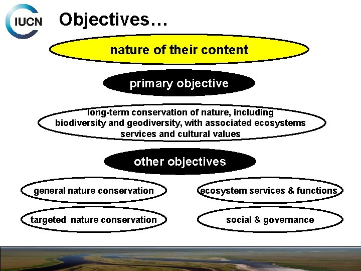 Objectives… nature of their content primary objective long-term conservation of nature, including biodiversity and