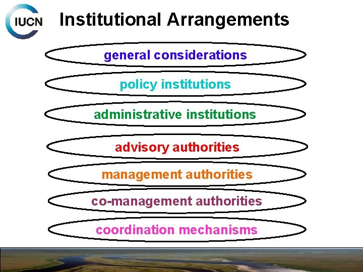 Institutional Arrangements general considerations policy institutions administrative institutions advisory authorities management authorities co-management authorities