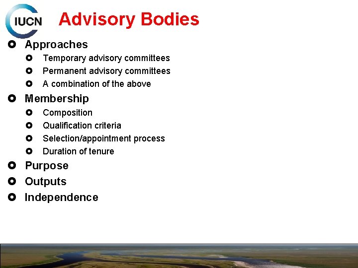 Advisory Bodies Approaches Temporary advisory committees Permanent advisory committees A combination of the above