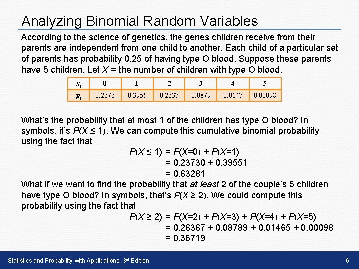 Analyzing Binomial Random Variables According to the science of genetics, the genes children receive