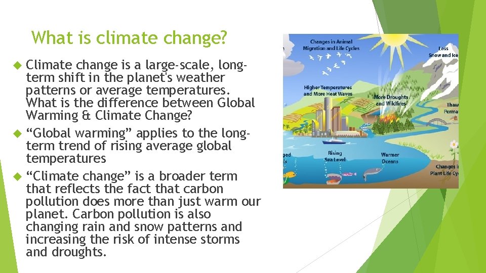 What is climate change? Climate change is a large-scale, longterm shift in the planet's