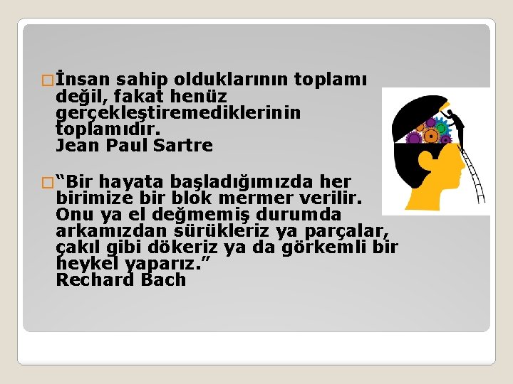 � İnsan sahip olduklarının toplamı değil, fakat henüz gerçekleştiremediklerinin toplamıdır. Jean Paul Sartre �