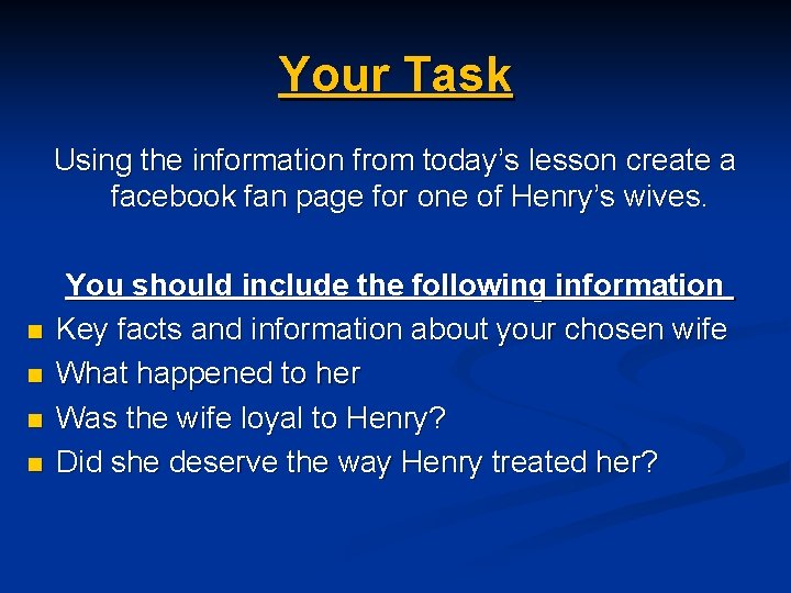Your Task Using the information from today’s lesson create a facebook fan page for
