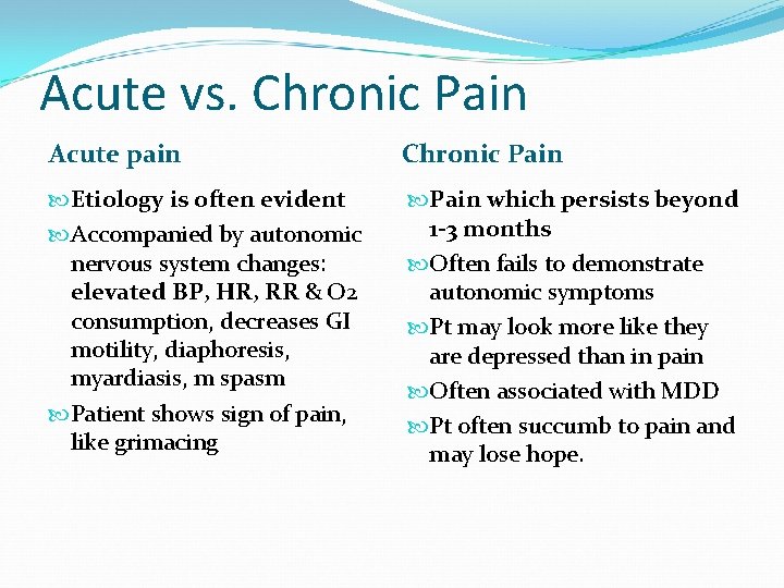 Acute vs. Chronic Pain Acute pain Chronic Pain Etiology is often evident Pain which