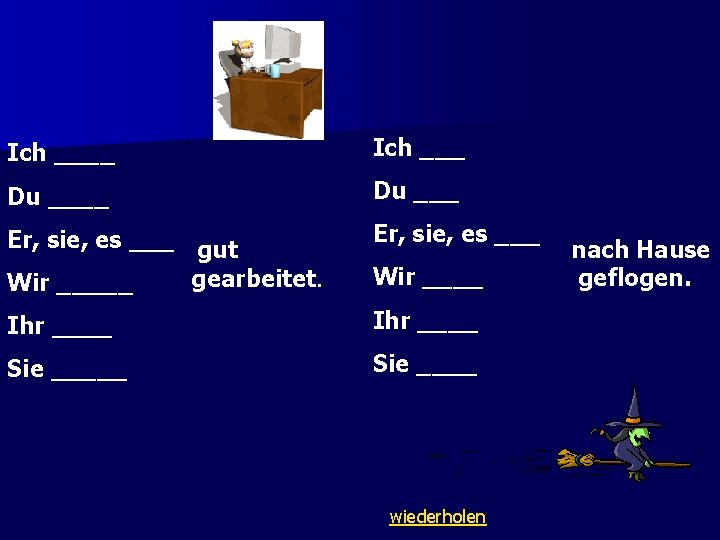 Ich ____ Ich ___ Du ___ Er, sie, es ___ gut gearbeitet. Wir _____ Ich ____ Ich ___ Du ___ Er, sie, es ___ gut gearbeitet. Wir _____