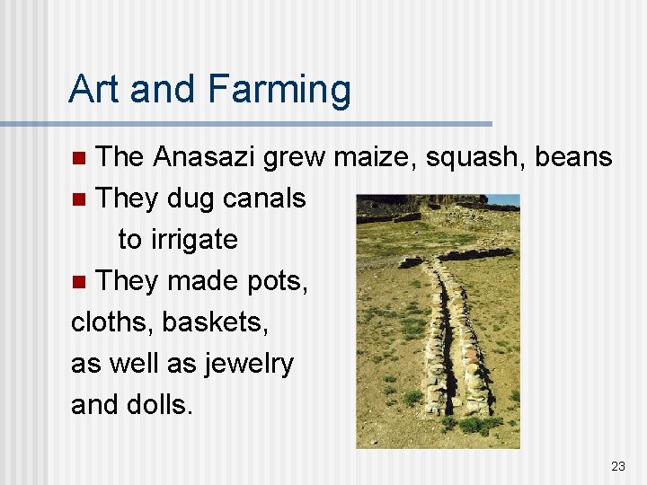 Art and Farming The Anasazi grew maize, squash, beans n They dug canals to