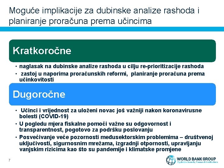 Moguće implikacije za dubinske analize rashoda i planiranje proračuna prema učincima Kratkoročne • naglasak