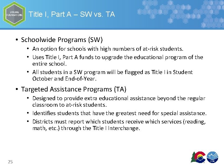 Title I, Part A – SW vs. TA • Schoolwide Programs (SW) • An