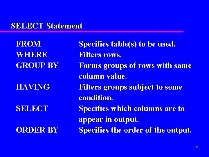 SELECT Statement FROM WHERE GROUP BY HAVING SELECT ORDER BY Specifies table(s) to be SELECT Statement FROM WHERE GROUP BY HAVING SELECT ORDER BY Specifies table(s) to be