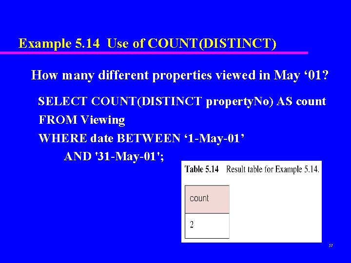 Example 5. 14 Use of COUNT(DISTINCT) How many different properties viewed in May ‘ Example 5. 14 Use of COUNT(DISTINCT) How many different properties viewed in May ‘