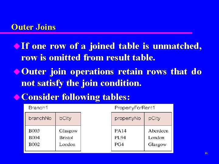 Outer Joins u If one row of a joined table is unmatched, row is Outer Joins u If one row of a joined table is unmatched, row is