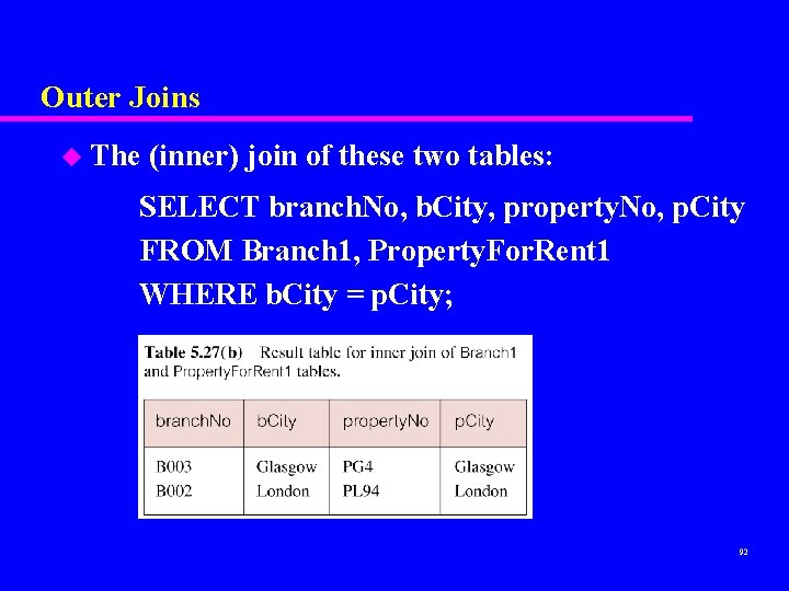 Outer Joins u The (inner) join of these two tables: SELECT branch. No, b. Outer Joins u The (inner) join of these two tables: SELECT branch. No, b.
