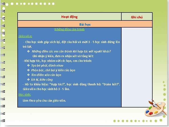 Hoạt động Ghi chú Bài học Những điều cần tránh Giáo viên: - Cho