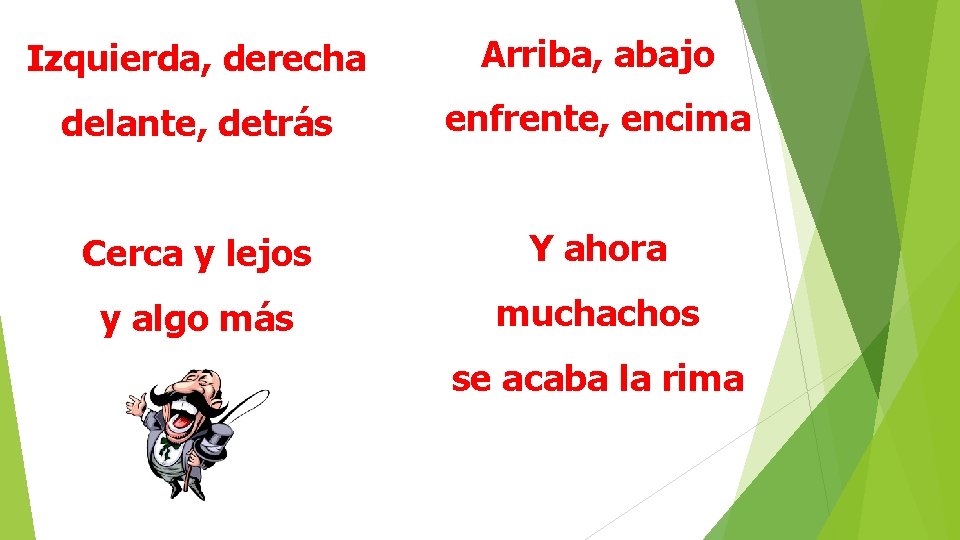 Izquierda, derecha Arriba, abajo delante, detrás enfrente, encima Cerca y lejos Y ahora y
