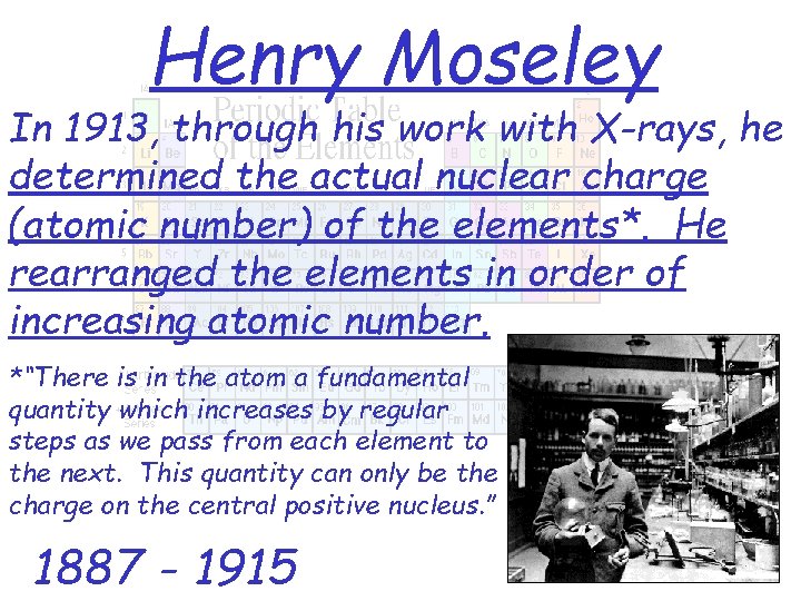 Henry Moseley In 1913, through his work with X-rays, he determined the actual nuclear