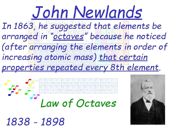 John Newlands In 1863, he suggested that elements be arranged in “octaves” because he