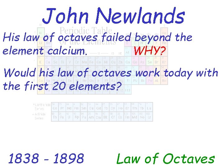 John Newlands His law of octaves failed beyond the WHY? element calcium. Would his