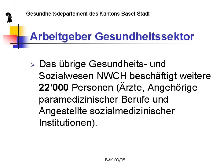 Gesundheitsdepartement des Kantons Basel-Stadt Arbeitgeber Gesundheitssektor Ø Das übrige Gesundheits- und Sozialwesen NWCH beschäftigt