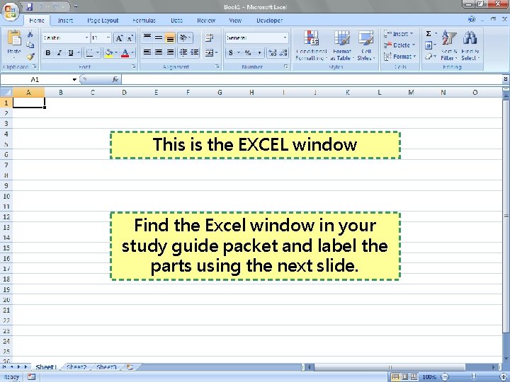 This is the EXCEL window Find the Excel window in your study guide packet