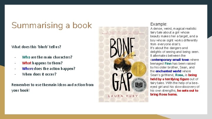 Summarising a book What does this ‘blurb’ tell us? - Who are the main
