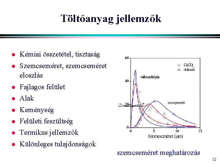 Töltőanyag jellemzők l Kémiai összetétel, tisztaság l Szemcseméret, szemcseméret eloszlás l Fajlagos felület l