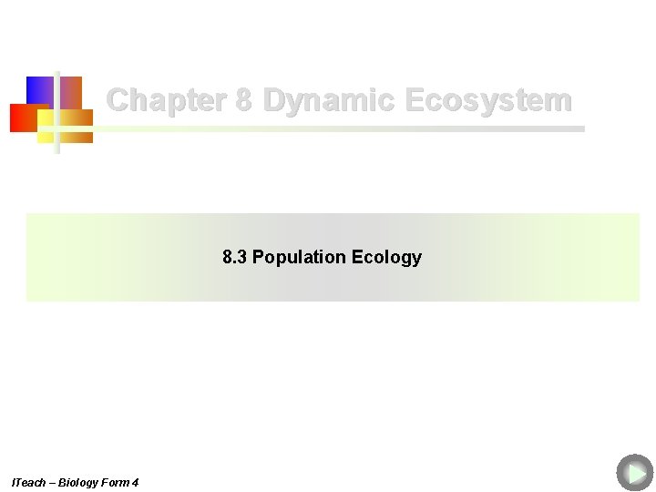 Chapter 8 Dynamic Ecosystem 8. 3 Population Ecology ITeach – Biology Form 4 