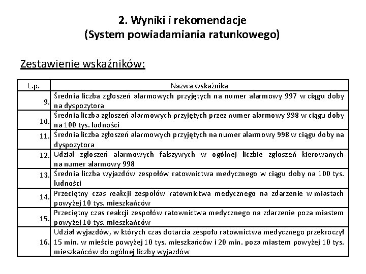 2. Wyniki i rekomendacje (System powiadamiania ratunkowego) Zestawienie wskaźników: L. p. 9. 10. 11.